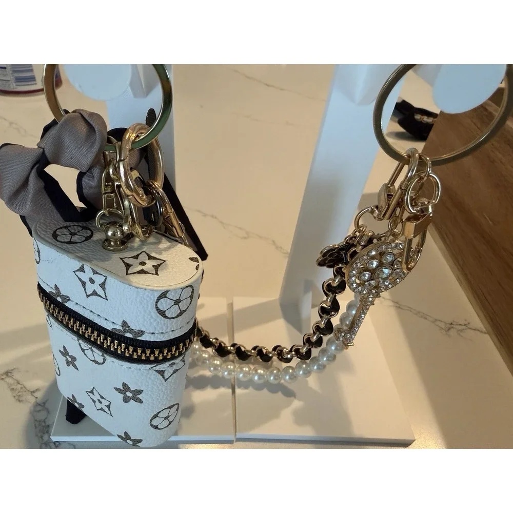 Fashion Bag Charm - White Monogram, Gold Tone Chain, Key, Rhinestone, Detachable